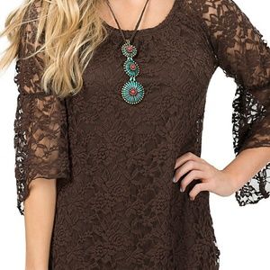 Jody Women's Brown Lace 3/4 Bell Sleeve